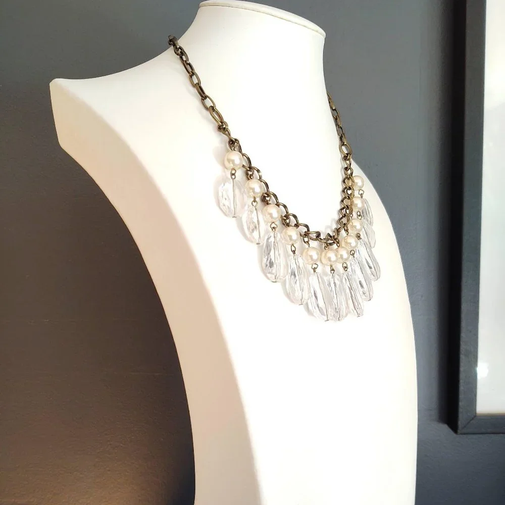 Faux pearl and clear bead dangle statement necklace